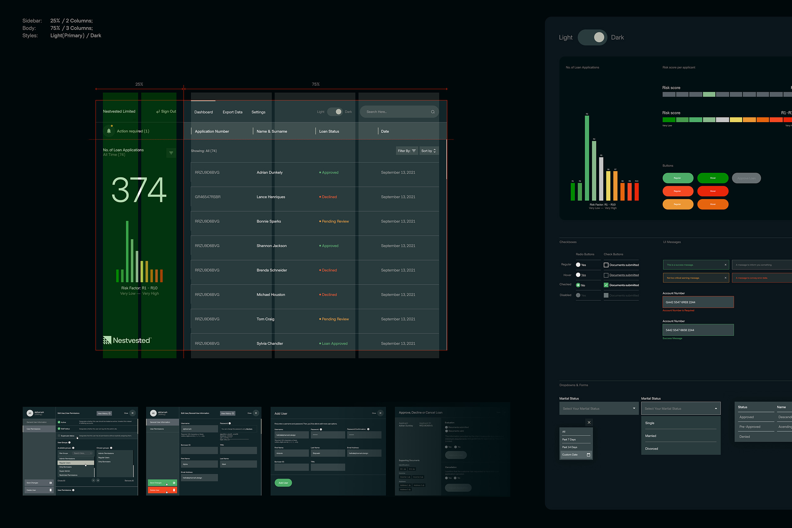 Nestvested product dark mode UI